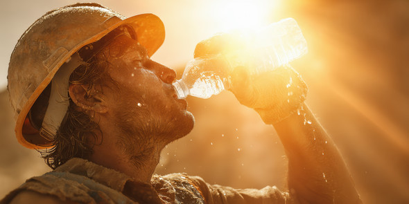 Worker in hard hat drinking water