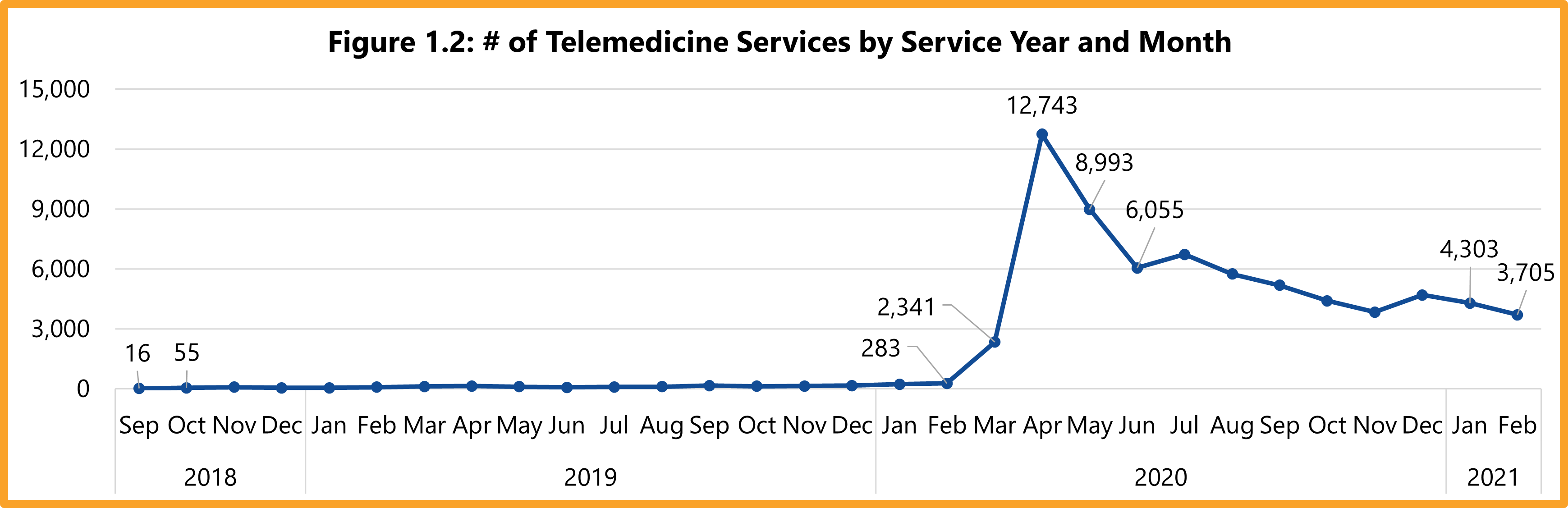 Number of telemedicine services by year and month, September 2018 (16 services) through February 2021 (3,705 services). The high point was April 2020 (12,743 services).
