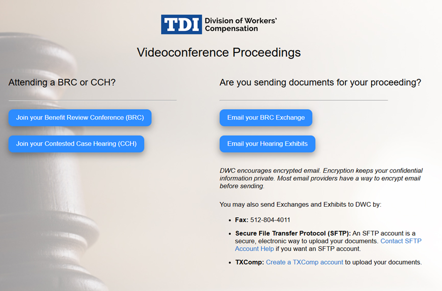 Videoconference proceedings - Zoom page with buttons for joining a proceeding or exchanging documents.
