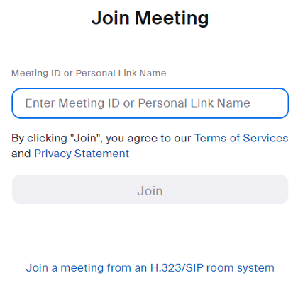Pagina para Unirse a Reunión de Zoom de DWC – Ingrese el ID de la reunión o el Nombre del Enlace Personal y haga clic en Join