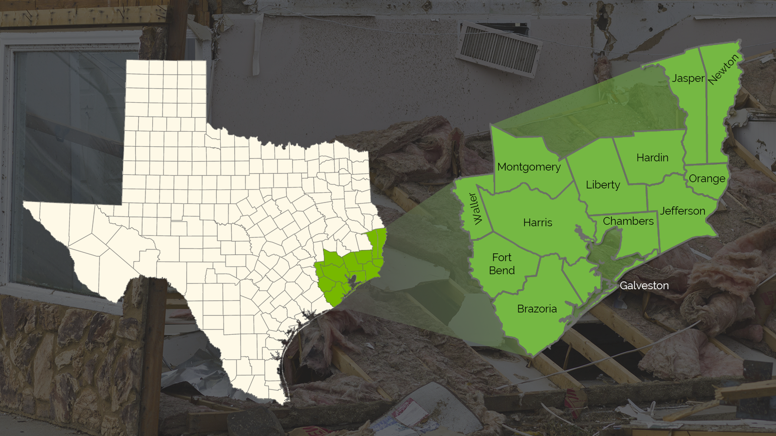 Map highlighting the 13 East Texas counties hit hard by storms and tornadoes on January 24, 2023