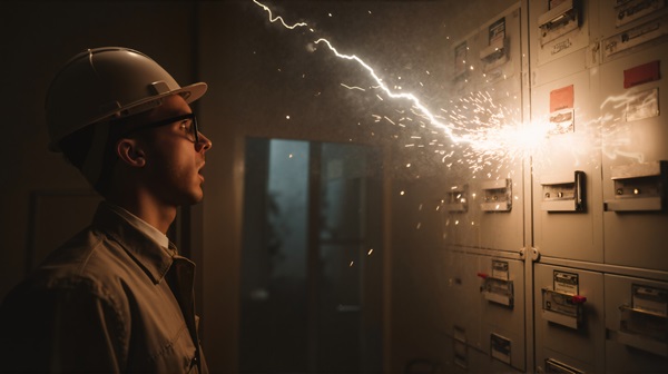 Arc flash on a panel surprises a worker in a hard hat