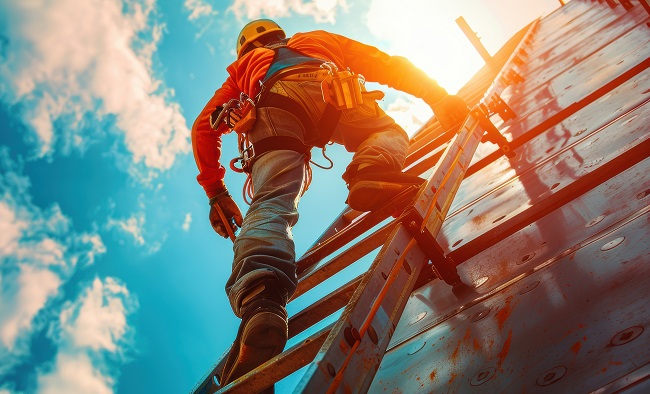 Ladder safety - harnessed worker climbing a tank ladder