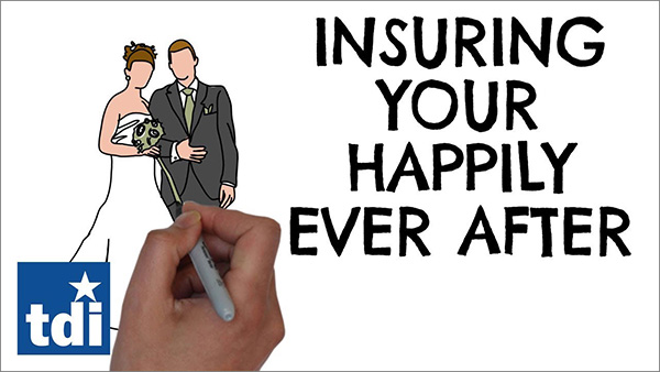 Cartoon of newlyweds. Text: Insuraning your happily ever after